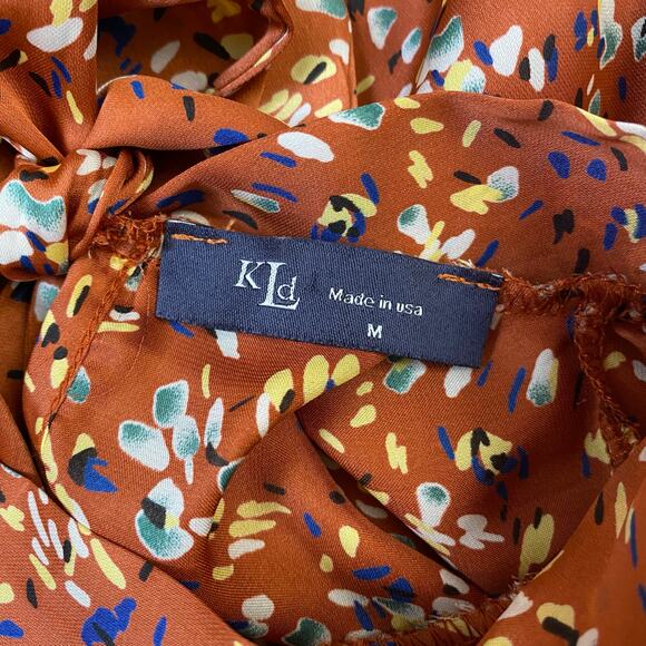 KLD Floral Tie Neck Short Sleeve Blouse Womens Size M Multicolor Boho - Picture 2 of 6
